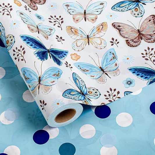 MIMUTI Watercolor Butterfly Wrapping Paper - 17 in X 33 ft - Blue Reversible Gift Wrap with Butterfly, Polka Dots, Flowers, Branches and Leaves - Perfect for Wedding, Mother's Day, Baby Shower
