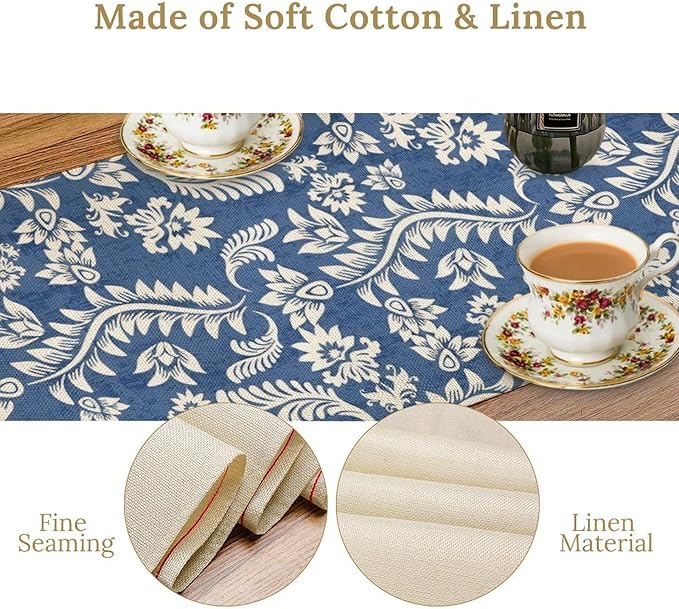 Vintage Floral Table Runner, Rustic Blue White Paisley Flower Boho Farmhouse Decor Table Runner for Kitchen Dining Home Party Decor, 13x108 Inch