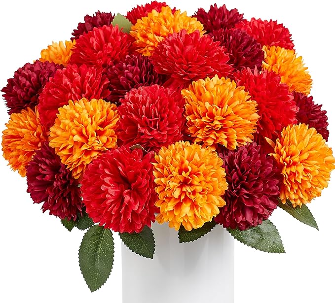 SITUMEIZI 12 Pcs Artificial Chrysanthemums Flowers Ball Flower Fake Mums Silk for Wedding Home Kitchen Decoration Floral Arrangement(Burgundy,Red,Orange)