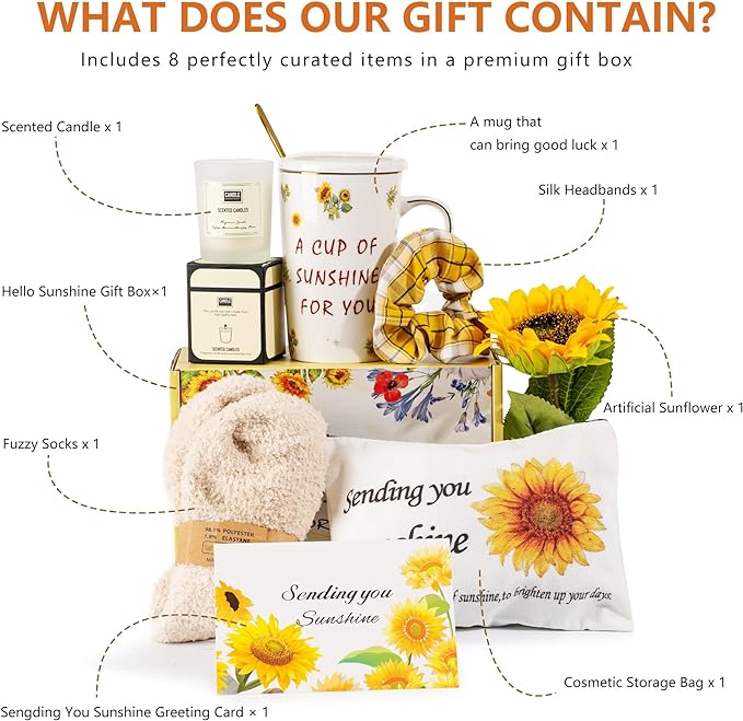 Birthday Gifts for Women, Self-Care Gift Box for Women - Sunshine & Sunflower Themed Relaxation Set, Encouragement Care Package for Best Friend (Birthday/Get Well/Thinking of You)