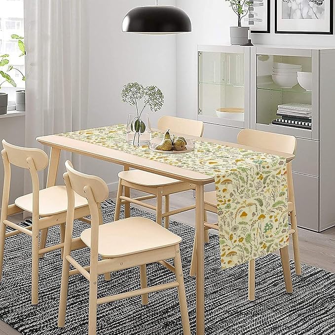 Wild Mushroom Table Runner, Vintage Botanical Rustic Retro Wildflower Herbs Plants Green Mushroom Table Cover for Home Kitchen Dining Decor Indoor Outdoor Party, 13x36inch