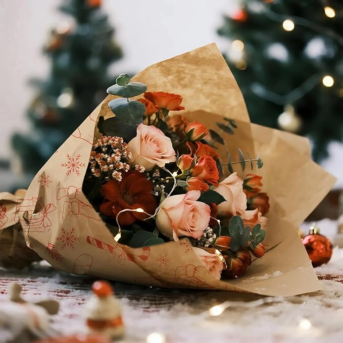 LeZakaa 20 Sheets Kraft Christmas Flower Wrapping Paper, Red Santa Sketch on Kraft Floral Bouquet Paper Gift Wrap for Christmas, Winter Holiday Party Packaging