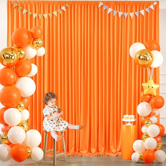 Orange Backdrop Curtains - 6 Panel Wrinkle-Free Polyester Photography Drapes for Baby Shower & Birthday Party - 24 X 10FT