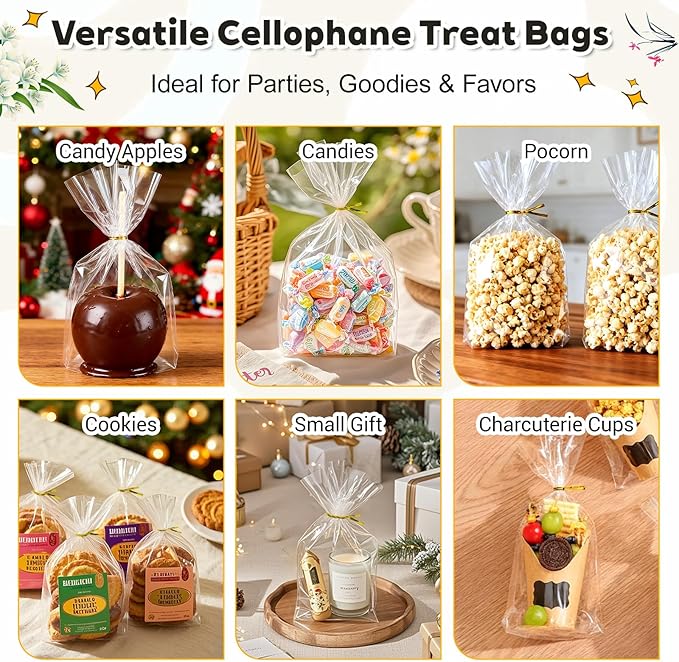 PigPotParty Cellophane Treat Bags 6"x9", 50 Pack Clear Goodie Bags, Bottom Gusset for Stand-Up Display, Small Plastic Gift Wrap for Cookies, Candy, Party Favors, Popcorn, Includes 50 Gold Ties