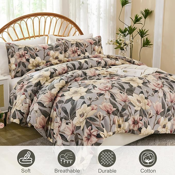 Bedding_Dreamer Floral Comforter Set Queen, 100% Cotton, Elegant Flowers Botanical Bedding Set Colorful Watercolor Cute Flower and Leaves Shabby Chic Cottage, 4 Pcs