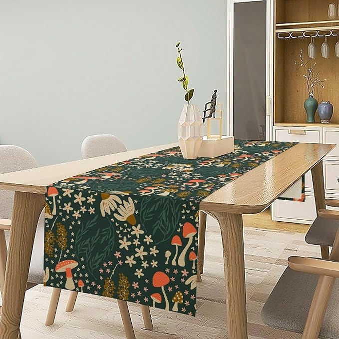Mushroom Table Runner, Cartoon Woodland Summer Flowers Plants Forest Seasonal Spring Kitchen Dining Table Decoration for Home Party Decor, 13x70inch