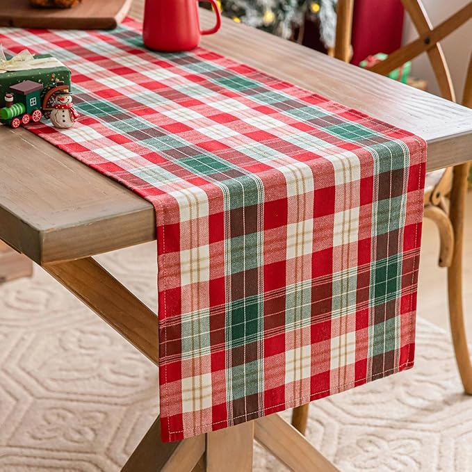 Red Gold Plaid Christmas Table Runner, Winter Holiday Table Runners 72 inches Long Xmas Decorations Indoor Outdoor Farmhouse Home Kitchen Dining Party Decor