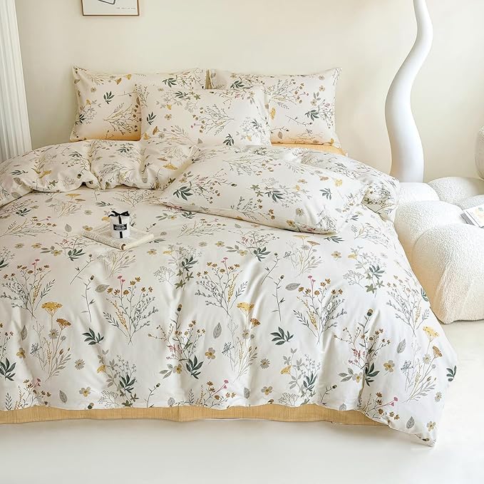 Cotton Duvet Cover King Botanical Bedding Set Yellow Floral Duvet Cover Set King Cottagecore Coquette Comforter Cover with Zipper,Garden Style Green Branches Bedding Duvet Cover Chic King 3 Piece