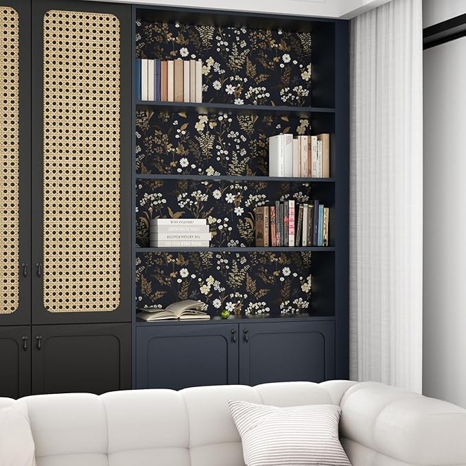 Dark Floral Wallpaper Peel and Stick 17.5in x 197in Vintage Navy Gold Leaf Wallpaper Vinyl Waterproof Self-Adhesive Dark Blue Botanical Wall Paper Mural for Bookcase Bedroom Cabinet Decor