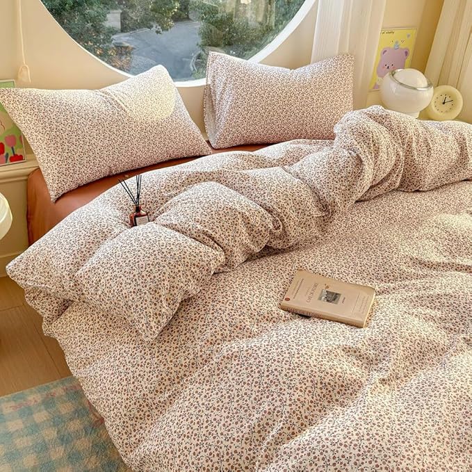 EAVD Chic Garden Small Floral Duvet Cover King Soft 100% Muslin Cotton Feel Gauze Vintage Floral Bedding Set with 2 Pillowcases Cottagecore Botanical Print Duvet Cover with Zipper Closure