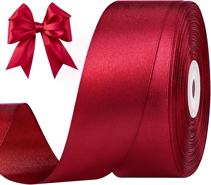 1-1/2 Inches 50 Yards Wine Red Satin Ribbon, Solid Fabric Ribbon Roll for Flower Bouquets, Gift Wrapping, Wedding, Handmade Crafts