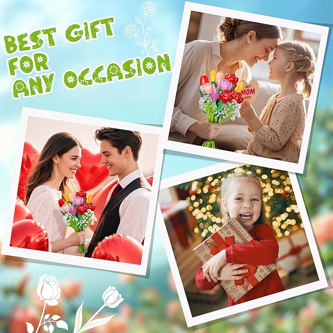 Flower Bouquet Building Set, 680PCS Tulip & Rose Block Kit for Adults & Kids Ages 6+, DIY Floras for Home Office Decor, Birthday, Valentine's Day & Mother's Day
