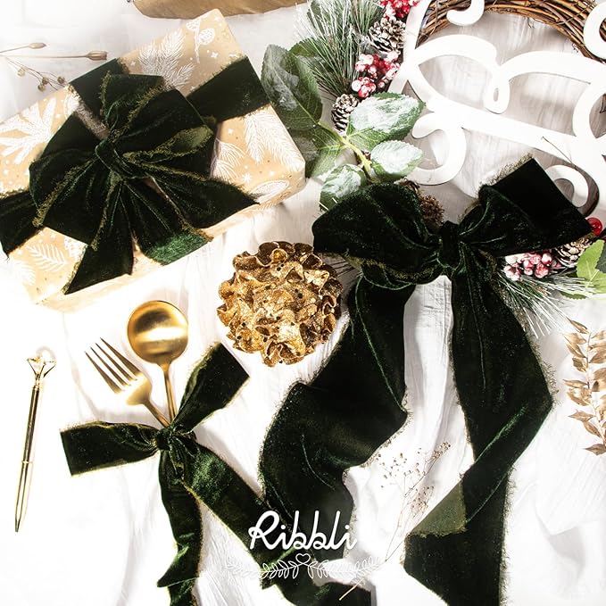 Ribbli Dark Moss Velvet Ribbon 1.5 Inch Handmade Frayed Vintage Christmas Ribbon for Gift Wrapping Christmas Tree Ornament Wreath Craft Home Decor -3 Yards