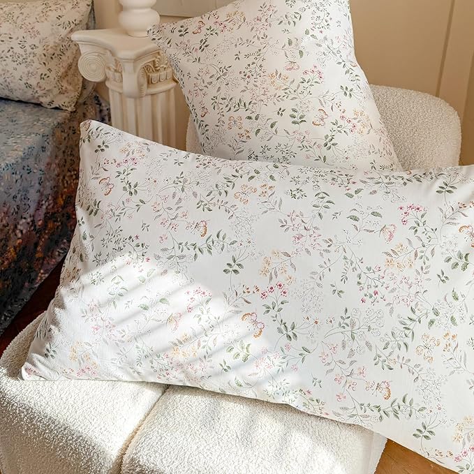 EAVD Girls Floral Botanical Duvet Cover Twin Soft Cotton Chic Shabby Garden Floral Leaves Print Bedding Set with 2 Pillowcases Fresh Cute Floral Comforter Cover with Zipper Closure