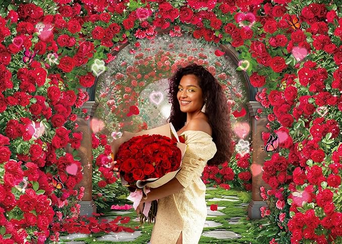 Valentines Day Flowers Garden Backdrops Red Rose Spring Floral Scene Photography Backdrop Girls Birthday Bridal Shower Wedding Party Decorations Banner Photo Booth Props (8x6FT(94 x 70 inch))