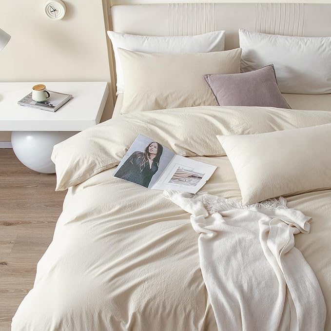 JIYUAN 100% Washed Cotton Duvet Cover Set 3 Pieces Queen, 1 Duvet Cover 90x90 Inches(Comforter Not Included) and 2 Pillowcases,Linen Feel Bedding Set Comfy and Breathable,Heathered Beige