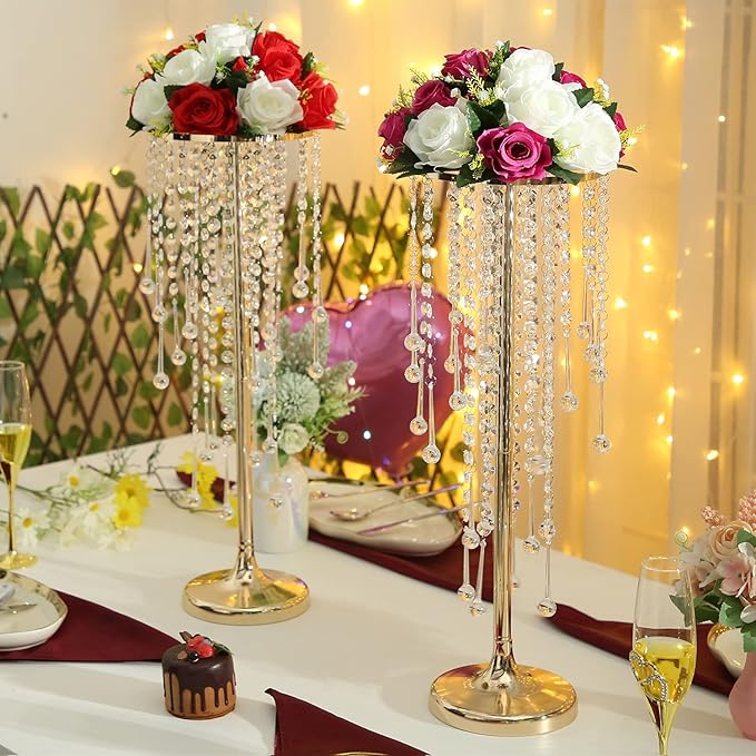 21.6in Bead Crystal Flower Arrangement Stand, Golden Flower Holder 2-Piece Lead Road Candle Holder,for Home Party Wedding Anniversary Christmas Decorations
