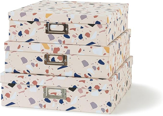 Soul & Lane Decorative Cardboard Storage Boxes With Lids for Home Décor, Set of 3 Nesting Photo Storage Box Set for Organizing, Scrapbooks, Keepsakes, Terrazzo Print Memory Containers