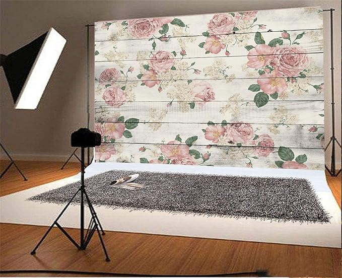 AOFOTO 15x10ft Vintage Wood Plank Rose Flower Photography Background Retro Wooden Board Pink Floral Wedding Backdrop Mother's Day Lady Girl Kid Woman Portrait Valentine's Day Photo Studio Props Vinyl