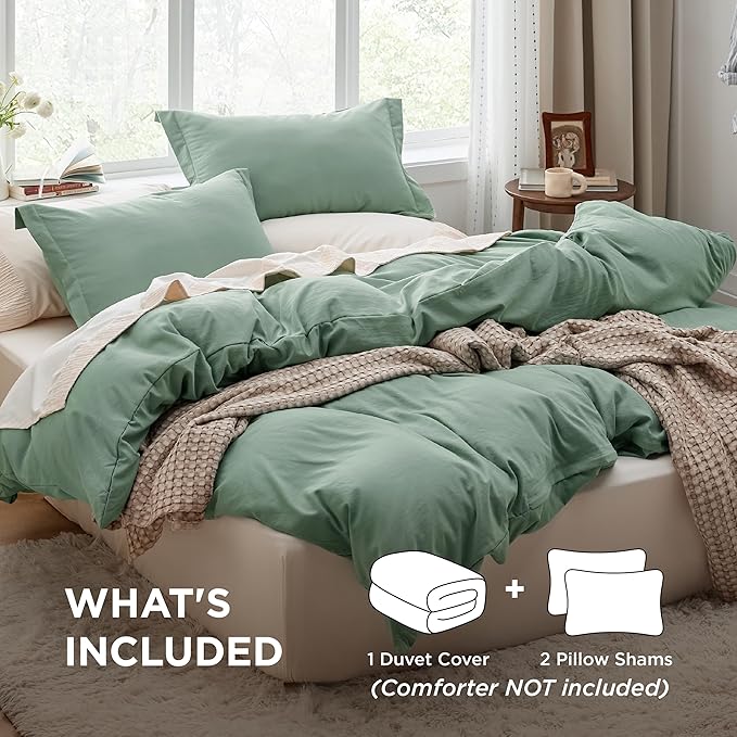 Bedsure Sage Green Duvet Cover Queen Size - 3 Pieces Prewashed Cotton-Like Extra Soft Bedding Set, Includes 1 Duvet Cover 90x90 Inches with Zipper Closure & 2 Pillow Shams, Comforter Not Included