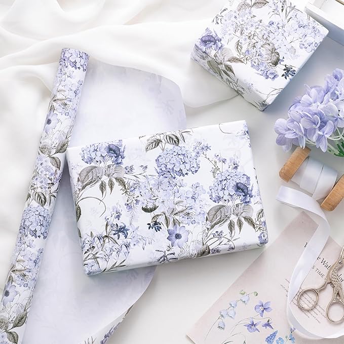 RUSPEPA Floral Wrapping Paper Roll for Women Girls, Mini Roll, Elegant Hydrangea Flower Design Gift Wrap Paper Perfect for Wedding, Birthday, Mother's Day, Spring, Bridal Shower, 17 Inch x 16.4 Feet