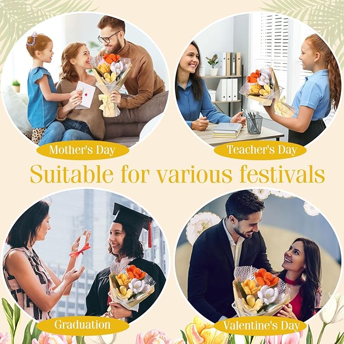 Crochet Flowers Bouquet Gift Christmas Crochet Flower Tulips Completed Handmade Knitted Bouquet with Card for Women Girlfriend Lover Appreciation Gift Birthday Wedding Teacher Decor(Orange)