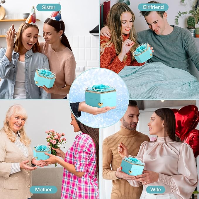 Preserved Cyan Real Rose with Necklace Forever Flowers Diamond shaped Box for Mom Wife Girlfriend Grandma on Mothers Day Birthday Valentines Christmas Anniversary Beatiful Gifts for women