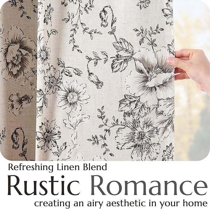 jinchan Blackout Linen Blend Curtain Floral Blackout Curtains for Living Room 102 Inch Length Black Printed with Lined Blackout Curtain for Bedroom Farmhouse Curtain Set 2 Panels
