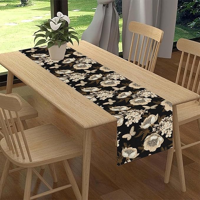 Boho Floral Table Runner, Retro Bohemian Abstract Flower Leaves Black Gothic Print Table Center Decor for Family Kitchen Table Decorations Indoor Outdoor 13x72 inch