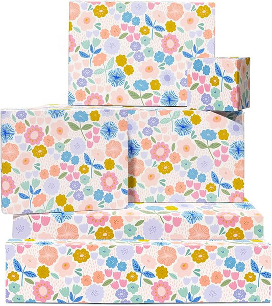 CENTRAL 23 Floral Wrapping Paper - Pastel Colorful Flowers - 6 Sheets Of Gift Wrap For Women - White Wrapping Paper For Birthday Baptism Baby Shower - Recyclable