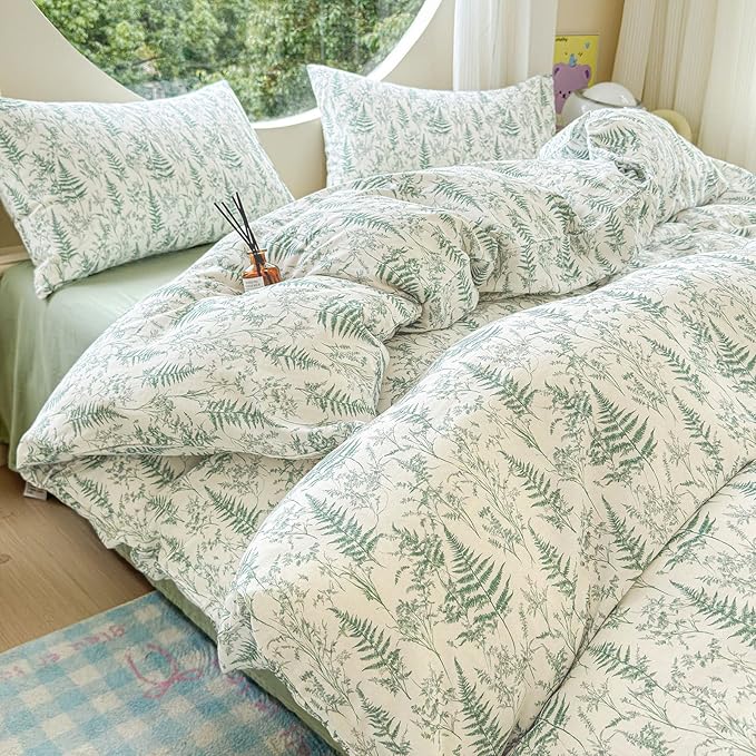 LifeTB Muslin Duvet Cover King Size 100% Cotton Botanical Floral Comforter Cover Ultra Soft Cottagecore Bedding Set Lightweight Linen Feel Textured Breathable Gauze Duvet Cover with 2 Pillowcases