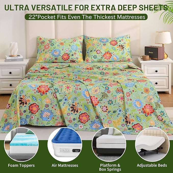 Bedlifes Extra Deep Pocket 18-24" King 4-Piece Sheet Set - Cooling Sheets Blend Rayon Derived from Bamboo Soft & Breathable Floral Sage Green