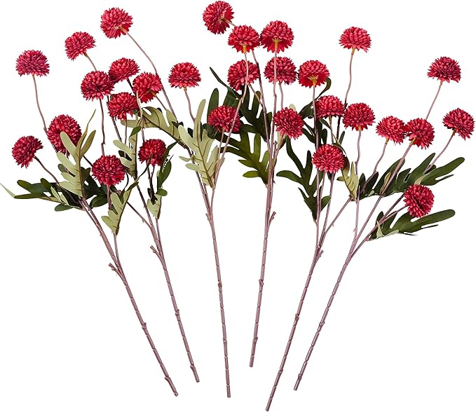 SITUMEIZI Red Faux Silk Pompon Mum Artificial Red Flowers Fake Mini Chrysanthemum Flowers Mums 6Pcs for Christmas Home Party Wedding Decorations