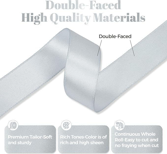 Silver Gray Satin Ribbon, Double Faced 7/8 Inch X 50 Yards Silver Gray Ribbon, Premium Satin Ribbons for Gift Wrapping, Crafts, Hair Bow Making, Sewing, Flower Bouquet, Wedding Party Decor