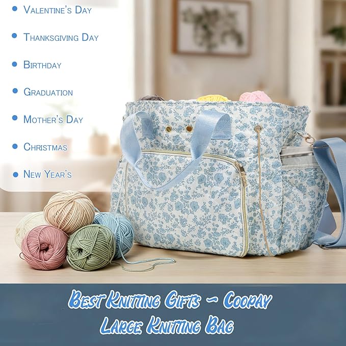 SilTriangle Large Blue Floral Quilted Crochet Knitting Bags and Totes Organizer Cotton Yarn Hook Bag Holder Christmas Corduroy Gift for Crochet Lover Crocheting Accessories, Needle with Zipper, Size L