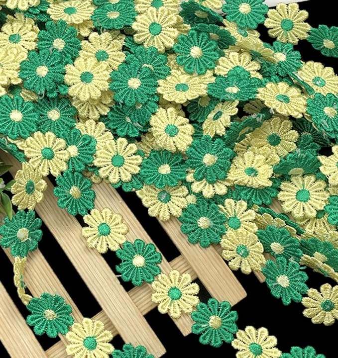 15 Yards Daisy Flower Lace Trim Embroidered Floral Lace Sewing Trim Ribbons for Embellishment Craft Dress Hair Accessories Decorations(Yellow/Green)
