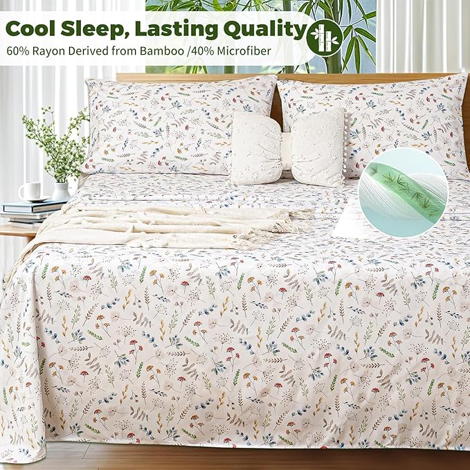 Bedlifes Extra Deep Pocket 18-24" King 4-Piece Sheet Set - Cooling Sheets Blend Rayon Derived from Bamboo Soft & Breathable Floral Design