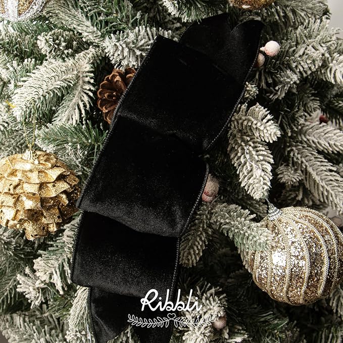 Ribbli Black Velvet Wired Ribbon 4 Inch Velvet with Satin Christmas Ribbon for Gift Wrapping Christmas Tree Decoration Crafts Wreaths Supplies-Continuous 10 Yards