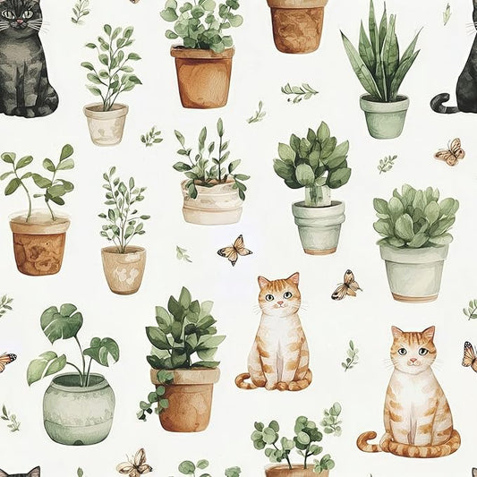 Peel and Stick Modern Cute Animal Wallpaper Removable Cat Potted Plants 17.7" x 118.11" Wall Paper Watercolor Self Adhesive Contact Paper for Classroom Bedroom Laundry Room Bathroom
