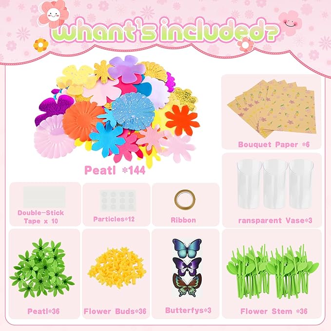 Nicella DIY Fabric Flower Bouquet Toy Accessories – Creative Flower Market & Arts & Crafts Add-On Kits for Kids (Makes 33 Flowers & 3 Butterflies, 36 Pieces Total)