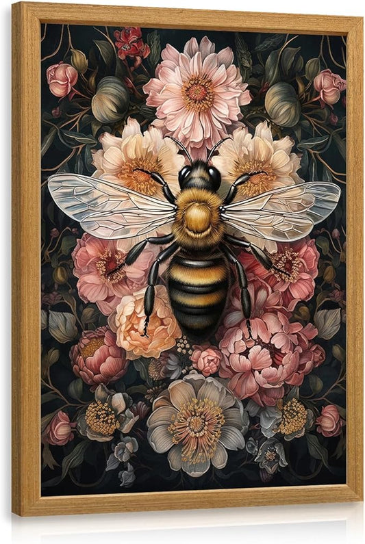 LLEEMPI William Morris Wall Art, Vintage Bee Floral Wall Decor, Insect Flower Canvas Painting, Abstract Nature Botanical Poster Print for Living Room Bedroom Kid Room Hallway Wood Framed 16x24 inch