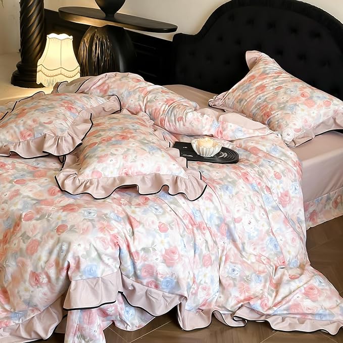 HighBuy Ruffle Duvet Cover Set Twin Pink 100% Brushed Cotton Bedding 3pcs Set,Chic Cottagecore Soft Breathable Vintage Boho Bedding Set,1 Duvet Cover and 2 Pillowcases