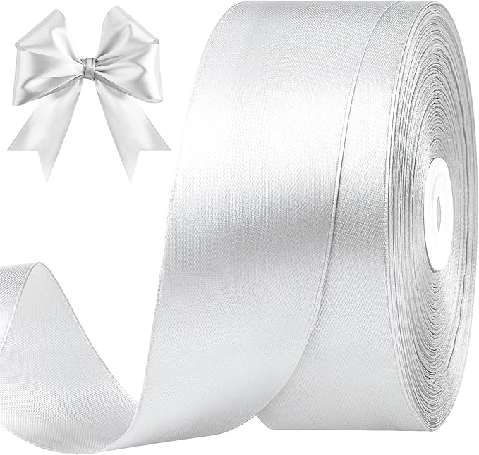 1-1/2 Inches 100 Yards Silver Satin Ribbon, Solid Fabric Ribbon Roll for Flower Bouquets, Gift Wrapping, Wedding, Handmade Crafts