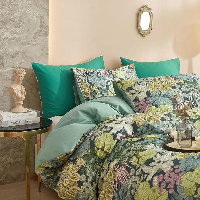 mixinni 100% Cotton Tropical Botanical Green Leaves Duvet Cover Queen Tree Plant Print Leaf Duvet Cover 3Pcs Bedding Set 1 Duvet Cover with Zipper Ties 2 Pillowcases Perfect for Him and Her Easy Care