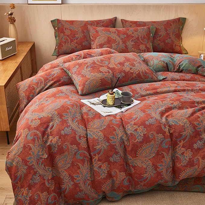 EAVD Vintage Boho Jacquard Floral Duvet Cover Queen Soft 100% Cotton Muslin Yarn-Dyed Textured Bedding Set with 2 Pillowcases Boho Floral Comforter Cover with Button Closure