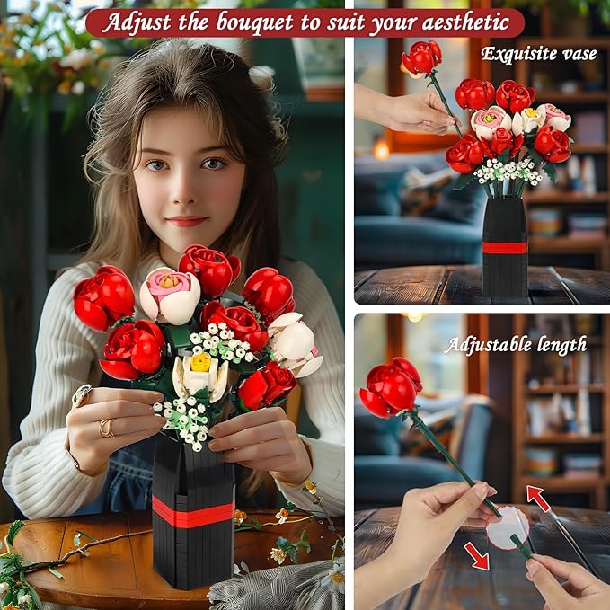 Roses Flower Bouquet Building Kit, Artificial Roses Flower Bouquet Building Set with Vase, DIY Artificial Flower Bouquet Set for Home Office Decoratin, Valentine Christmas