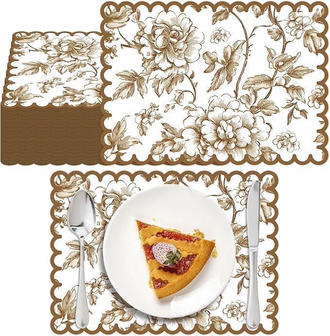 100 Pcs Brown Floral Paper Placemat Scalloped Disposable Chinoiserie Paper Table Placemats Brown Place Mats for Birthday Wedding Banquet Holiday Party