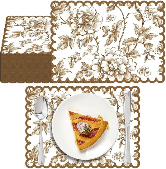 100 Pcs Brown Floral Paper Placemat Scalloped Disposable Chinoiserie Paper Table Placemats Brown Place Mats for Birthday Wedding Banquet Holiday Party