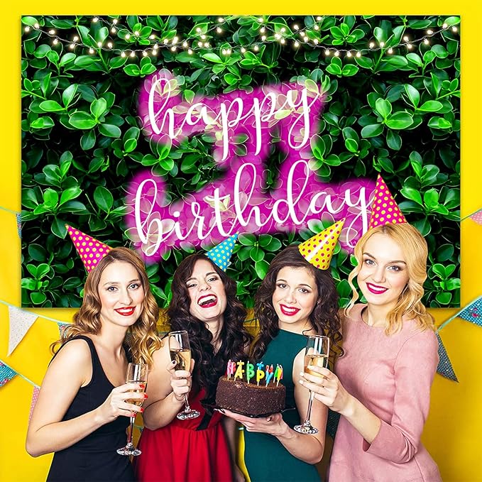 7x5ft Green Leaves Happy Birthday Decoration for Women Shiny Pink Neon Sign Party Backdrop Banner for Girl Princess 20th 30th 40th 50th Birthday Background Photo Booth Props