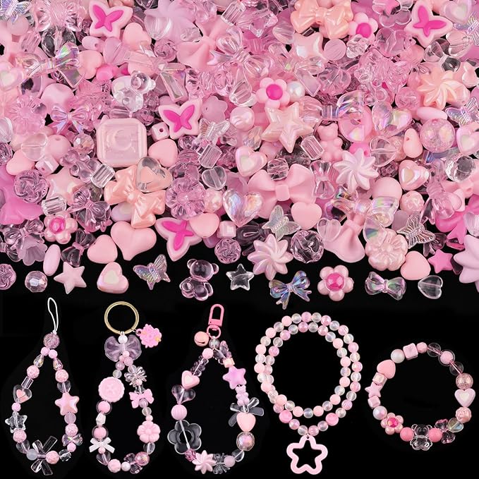 Assorted Acrylic Beads, 200-260PCS Pink Cute Beads for Bracelet Making, GummyBear Bow Flower Candy Kawaii Charms for Jewelry Making DIY Necklace Keychain Phone Charm Christmas Gift